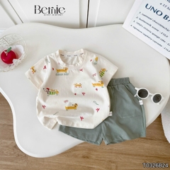 Set bộ tay ngắn cotton cho bé trai họa tiết in trần Puppy Good day kèm quần short size 9 tới 25kg BERNIE T0326B24