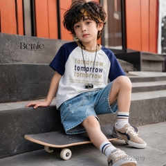 Set bộ tay ngắn raplang phối màu áo thun họa tiết Tomorrow và quần short jean bé trai 1 đến 7 tuổi BERNIE H0725B19