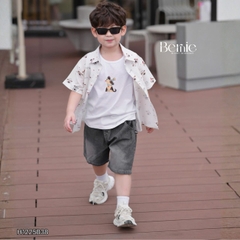  Set sơ mi 3 chi tiết áo tay ngắn họa tiết in tràn Cún áo ba lỗ kèm quần short kaki cho bé trai 9 tới 28kg BERNIE H1225B38