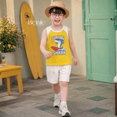 Set bộ ba lỗ áo thun phối màu họa tiết Baby Shark kèm quần short cho bé trai đi chơi đi biển size 1 tới 7 tuổi BERNIE H0326B34