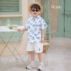 Set bộ sơ mi tay ngắn cho bé trai họa tiết cá sấu vui nhộn kèm quần short kaki size 11kg tới 28kg BERNIE H0226B01