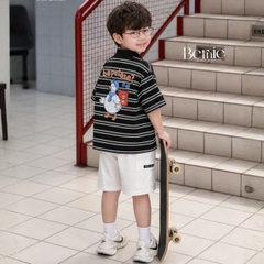 Set bộ tay ngắn áo polo họa tiết kẻ Happy Duck kèm quần short kaki cho bé trai size 9 đến 28kg BERNIE H0226B32