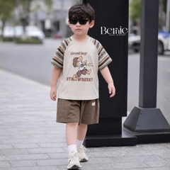 Set tay ngắn áo raplang họa tiết kẻ Good boy kèm quần short kaki cho bé trai size 9 đến 28kg BERNIE H0226B36