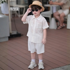 Set bộ sơ mi tay ngắn áo ren kèm quần short đũi trắng cho bé trai đi chơi đi biển size 9 tới 27kg BERNIE T0326B07
