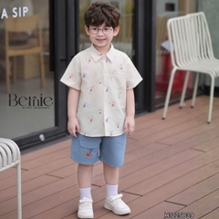 Set bộ sơ mi tay ngắn họa tiết Pony Sport kèm quần short denim size 11kg tới 28kg BERNIE H1225B39