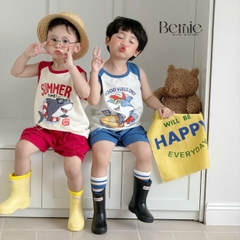 Set bộ ba lỗ áo thun phối màu họa tiết Baby Shark kèm quần short cho bé trai đi chơi đi biển size 1 tới 7 tuổi BERNIE H0326B34