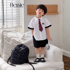 Set sơ mi 3CT Lucky Cool ngầu cho bé trai áo tay ngắn và quần short kèm cà vạt rời size 11 tới 28kg BERNIE T0326B29