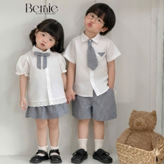 Set sơ mi kẻ Blue Schoo cho bé trai bé gái áo sơ mi trắng kèm quần hoặc chân váy cùng cà vạt và nơ rời size 11 tới 28kg BERNIE V0526B73
