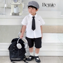  Set sơ mi Boy 3CT áo sơ mi trắng kèm quần short kaki và cà vạt cho bé trai đi học đi chơi 11 tới 28kg BERNIE H0326B42