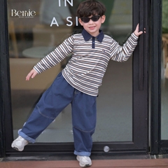Set bộ dài tay cho bé trai áo polo họa tiết kẻ thêu Dog phối quần dài suông denim size 11 tới 28kg BERNIE V0426B37