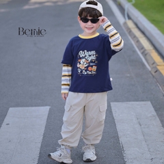 Set bộ dài áo thun cotton tay phối kẻ Play Time kèm quần gió dài cho bé trai size 11 tới 28kg BERNIE T0426B12