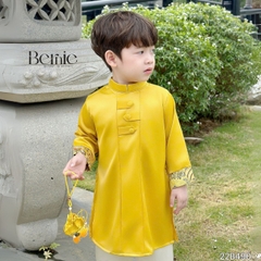 Áo dài bé trai kèm quần bé trai lụa gân màu đỏ màu vàng phối gấm rồng BERNIE bé từ 9 đến 24kg 22b490