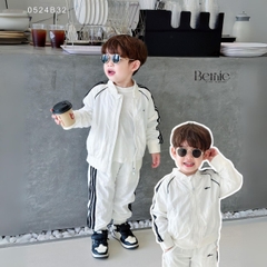 Set bộ gió dài tay thể thao 2 lớp màu trắng màu đen sơ mi unisex cho bé trai bé gái 1 đến 7 tuổi BERNIE 0524B32