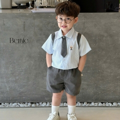 Set bộ sơ mi đồng phục học sinh ngắn cho bé trai bé gái áo sơ mi kèm nơ  cà vạt 1 đến 7 tuổi BERNIE 0724B42