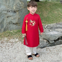 Áo dài cách tân bé trai mặc tết chất tafta thêu hạc màu xanh màu đỏ size 10 đến 25kg BERNIE 0824B37