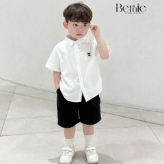 Áo sơ mi trắng xanh cộc tay phối gấu Bernie – Sự lựa chọn đáng yêu cho bé từ 1 đến 7 tuổi
