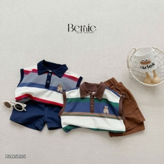 Set bộ polo kẻ ngang tanktop thêu gấu cho bé trai kèm quần short jean phong cách Hàn quốc 9 đến 28kg BERNIE H0125B35