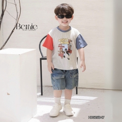 Set bộ tay ngắn phối màu họa tiết carnival kèm quần short jean cho bé trai 11kg tới 28kg BERNIE H0525B47