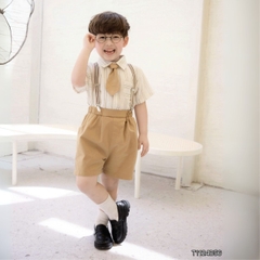 Set bộ sơ mi công tử chất đũi kẻ 4 chi tiết quần short kèm đai kẹp và cà vạt size 1 đến 6 tuổi BERNIE T1124B56