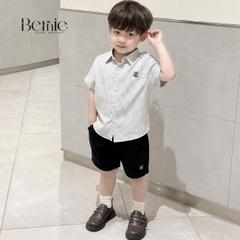 Set sơ mi ngắn tay kẻ sọc bé trai họa tiết thêu cáo kèm quần short cho bé từ 9kg tới 28kg BERNIE P0125B28