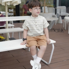 Set bộ sơ mi cổ trụ kẻ ngang phối túi viền kèm quần short kaki cho bé trai size 9 đến 28kg BERNIE H1124B65