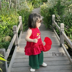 Set yếm lụa đỏ thêu thỏ ngọc kèm quần dài xanh tết trung thu bé gái chất lụa gấm BERNIE 1 tuổi đến 7 tuổi H0425B31 