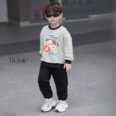 Set bộ nỉ tay dài kẻ sọc ngang phối màu họa tiết hình in cún dễ thương kèm quần dài unisex bé trai bé gái size 1 đến 7 tuổi BERNIE H0625B21