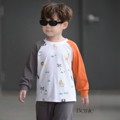 Set bộ thun cotton tay raplang dài phối màu cho bé trai họa tiết in tràn kèm quần dài 9 tới 28kg BERNIE T0725B52