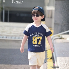 Set bộ thể thao phối màu tay ngắn họa tiết số 87 kèm quần short cho bé trai size 9 tới 28kg BERNIE T1025B65Đ
