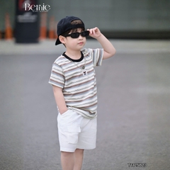  Set bộ kẻ ngang cho bé trai áo cotton tay ngắn đính tag kèm quần short kaki size 9kg tới 28kg BERNIE KIDS T1125B23