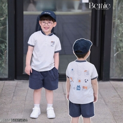 Set bộ tay ngắn áo cổ trụ họa tiết Gấu bóng chày kèm quần short bé trai size 9 tới 28kg BERNIE H1025B54