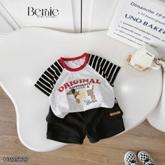 Set bộ tay ngắn raplang phối tay áo kẻ họa tiết Original kèm quần short da cá cho bé trai 1 đến 7 tuổi BERNIE H1125B27
