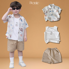  Set sơ mi 3 chi tiết tay ngắn cho bé trai họa tiết Mèo Khám Phá kèm quần short kaki size 9 tới 28kg BERNIE H1025B74Đ