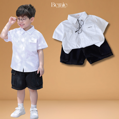 Set bộ tay ngắn cho bé trai áo sơ mi trắng kèm quần short jean phong cách Little Boss size 9 tới 28kg BERNIE T1025B67Đ 