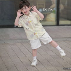 Set bộ sơ mi bé trai đi chơi đi biển áo tay ngắn họa tiết Papa Cat kèm quần short 11 tới 28kg BERNIE H1225B28