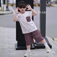 Set bộ tanktop áo thun họa tiết loang phối túi năng động kèm quần short gió mềm cho bé trai size 9 đến 28kg BERNIE H0126B07