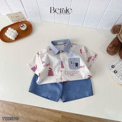 Set bộ đi chơi tay ngắn áo sơ mi họa tiết in tràn Idol cho bé trai kèm quần short denim size 11 đến 28kg BERNIE T1255B13