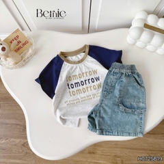 Set bộ tay ngắn raplang phối màu áo thun họa tiết Tomorrow và quần short jean bé trai 1 đến 7 tuổi BERNIE H0725B19