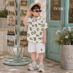Set bộ sơ mi tay ngắn cho bé trai họa tiết cá sấu vui nhộn kèm quần short kaki size 11kg tới 28kg BERNIE H0226B01