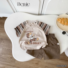 Set tay ngắn áo raplang họa tiết kẻ Good boy kèm quần short kaki cho bé trai size 9 đến 28kg BERNIE H0226B36
