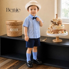 Set sơ mi bé trai công tử màu xanh trắng có nơ mặc thôi nôi sinh nhật sự kiện 1 đến 7 tuổi BERNIE H0725B73