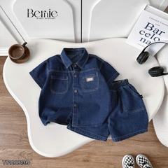 Set bộ sơ mi denim cho bé trai áo sơ mi phối túi kèm quần short size 9 đến 28kg BERNIE T0126B13Đ