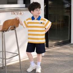 Set bộ thun áo polo tay ngắn họa tiết kẻ sắc màu kèm quần short kaki cho bé trai size 11 đến 28kg BERNIE H0226B37