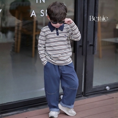 Set bộ dài tay cho bé trai áo polo họa tiết kẻ thêu Dog phối quần dài suông denim size 11 tới 28kg BERNIE V0426B37