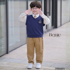 Set bộ 4CT áo sơ mi tay dài áo gi lê rời thêu phù hiệu kèm cà vạt và quần kaki size 1 đến 7 tuổi BERNIE T0526B71