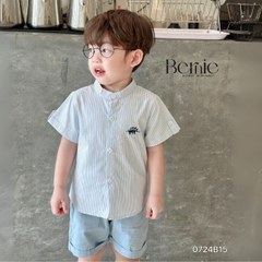 Set sơ mi tay ngắn cổ trụ kẻ sọc thêu khủng long và cá sấu cho bé trai 9kg tới 25kg Bernie 1223B025