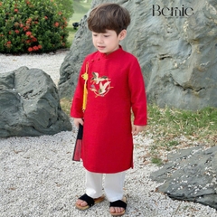 Áo dài cách tân bé trai mặc tết chất tafta thêu hạc màu xanh màu đỏ size 10 đến 25kg BERNIE 0824B37
