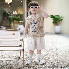 Set bộ tanktop cho bé trai áo thun họa tiết loang in chữ kèm quần short kaki size 9 đến 28kg BERNIE T0325B06