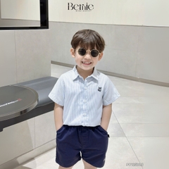 Set sơ mi ngắn tay kẻ sọc bé trai họa tiết thêu cáo kèm quần short cho bé từ 9kg tới 28kg BERNIE P0125B28