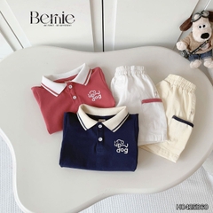 Set bộ polo tay ngắn cho bé trai áo thun polo họa tiết thêu cún và quần short kaki 9 tới 28kg BERNIE H0425B60